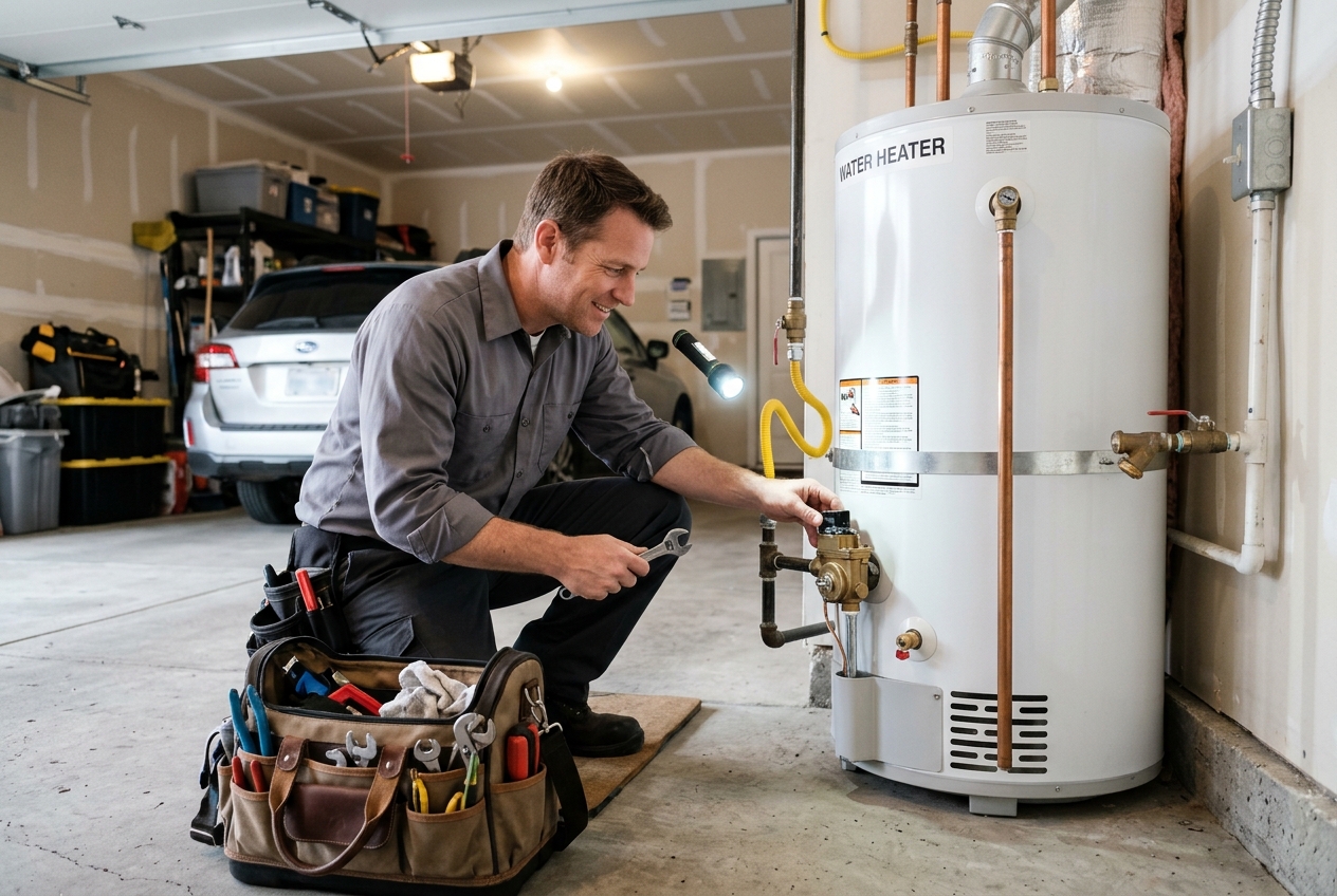 Plumber checking the gas valve on a new water heater